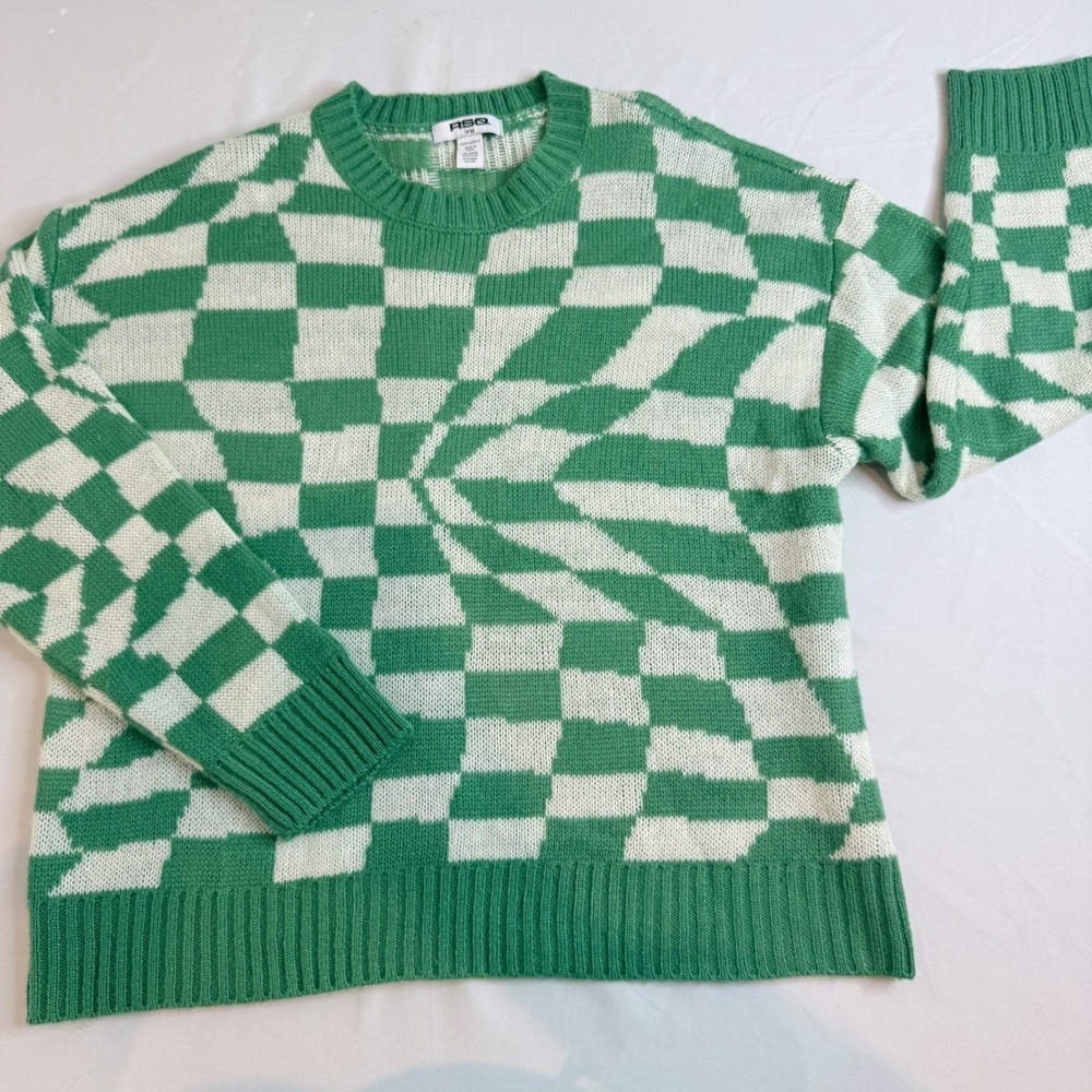 RSQ Mens Distorted Checkerboard Knit Crewneck Sweater Green White Large